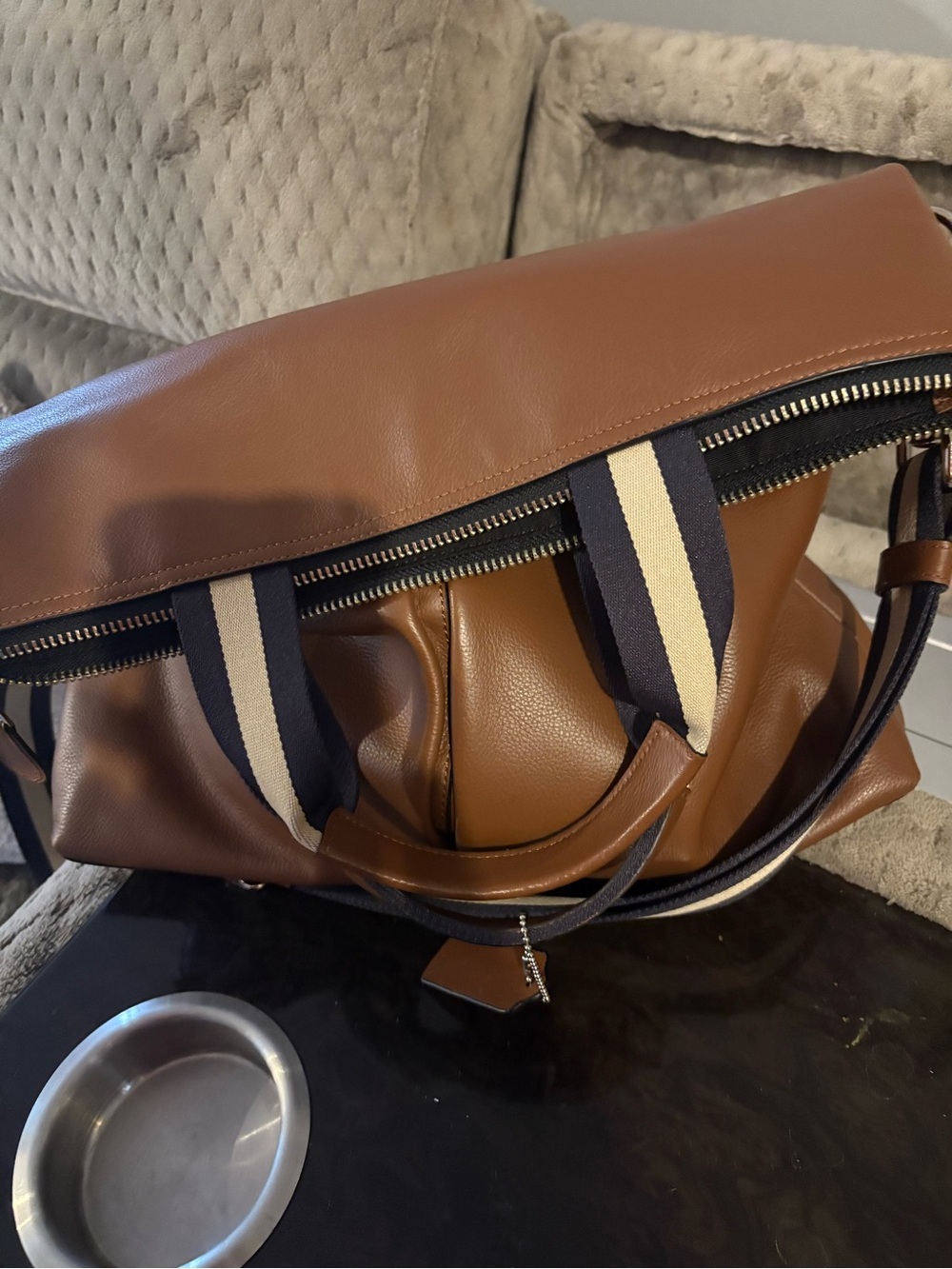 Coach Tan Leather Convertible Tote with Striped Strap - Picture 4 of 4